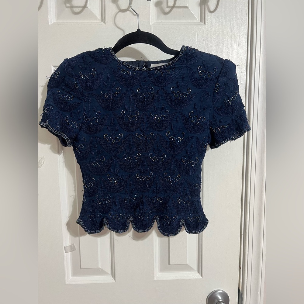 Adrianna Papell Navy Beaded Scalloped Hem Crop Top